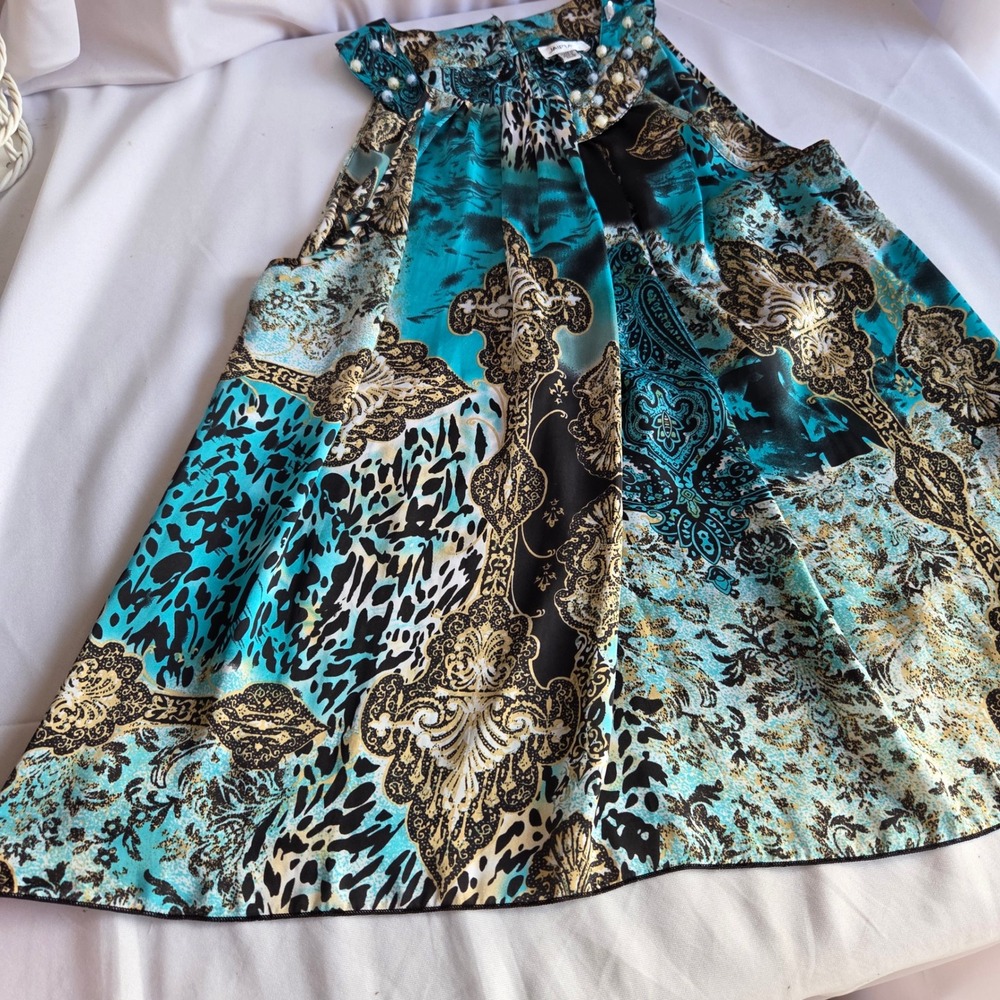 Jaipur Womens Y2K Tuscan Paisley Leopard Beaded Neck Sleeveless Blouse Blue L - Picture 4 of 8